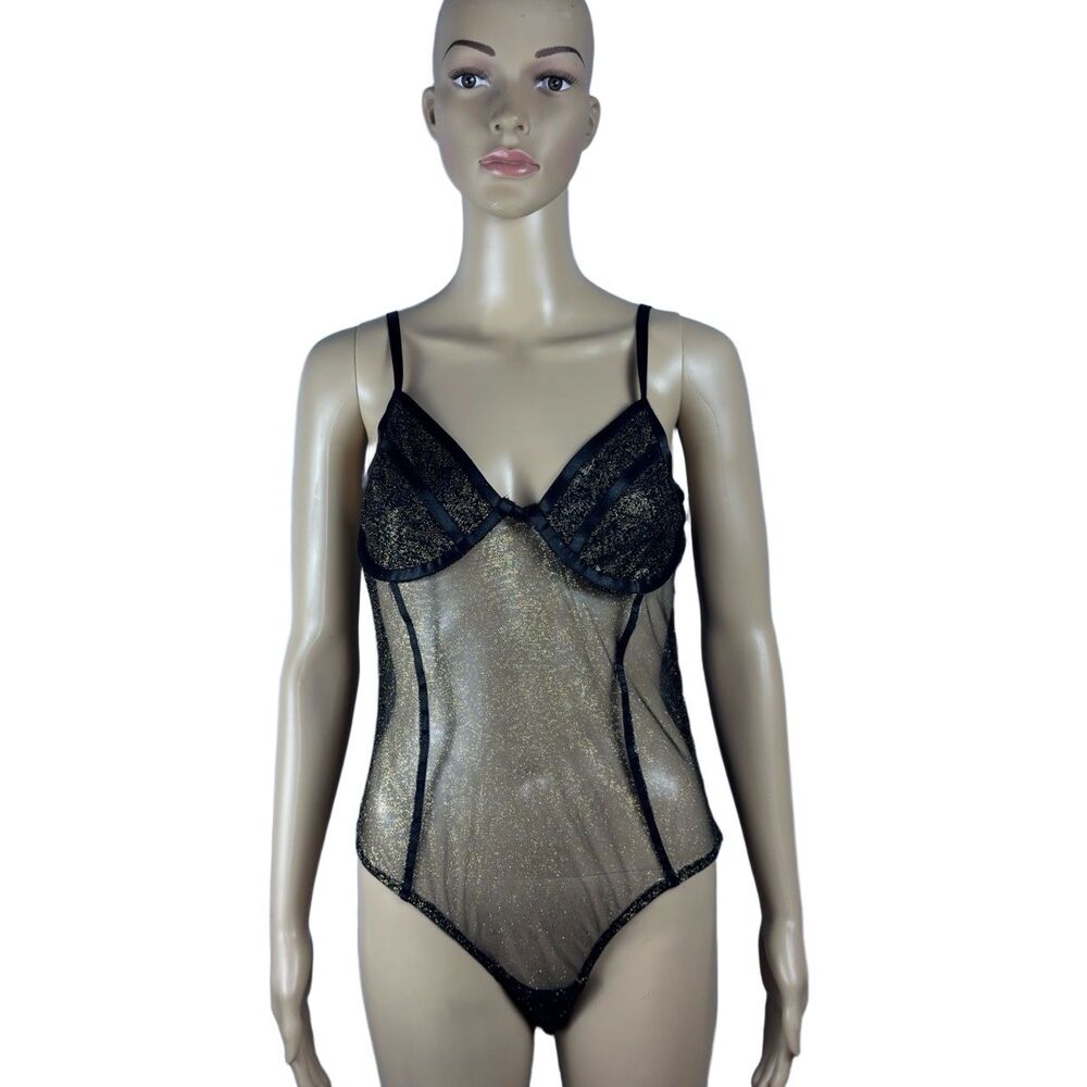 Womens Bodysuit Black Gold Glitter Sheer Mesh Adjustable Straps Lingerie Size L